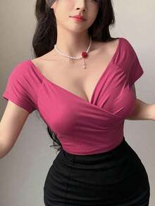 Camiseta básica de manga corta y escote envolvente de color liso versátil y casual, parte superior azul - Rosa Fucsia - Ver 6