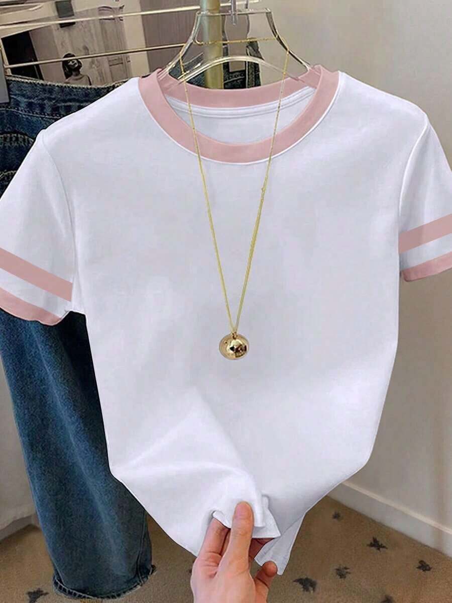 Camiseta de mujer de manga corta, cuello redondo y bloque de color, casual de verano - Blanco 7 - Ver 1