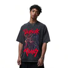 Men's Casual Oversized Streetwear T-Shirt - Thick High-Density Washed Cotton, Short Sleeve, Crew Neck, Soft, Unisex, Retro Black Knight Guts Front Print, Ribbed, Gift For Anime Fans, Summer Clothing - 黑色 - 查看 5