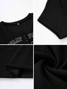 Camiseta de manga corta ajustada con estampado de letras estilo Y2K para mujer, casual para primavera/verano - Negro - Ver 11