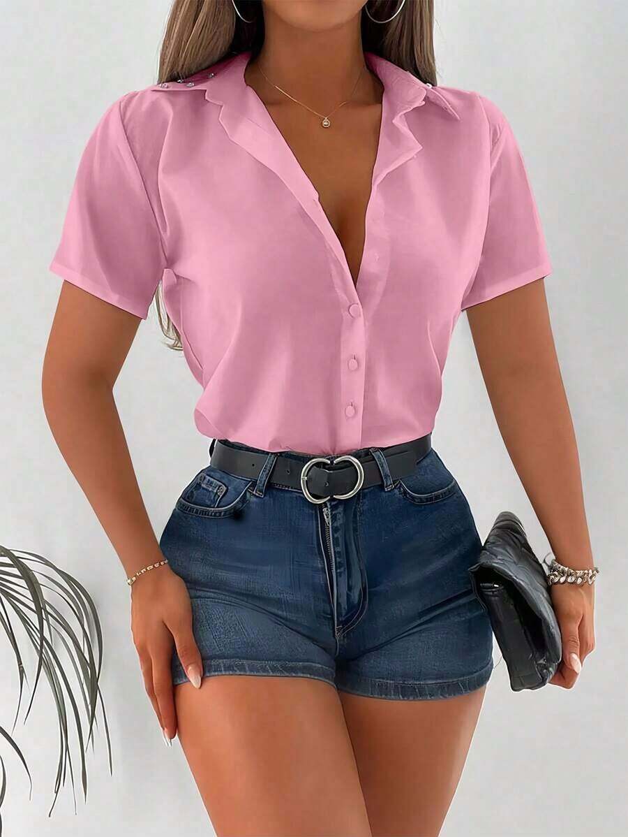 Camisa casual de oficina de unicolor de manga corta y abotonadura sencilla para mujer - Rosa - Ver 1
