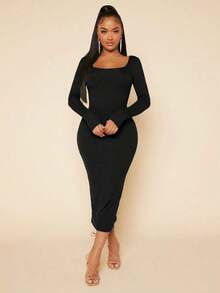 Vestido ajustado unicolor de cuello scoop - Negro - Ver 4