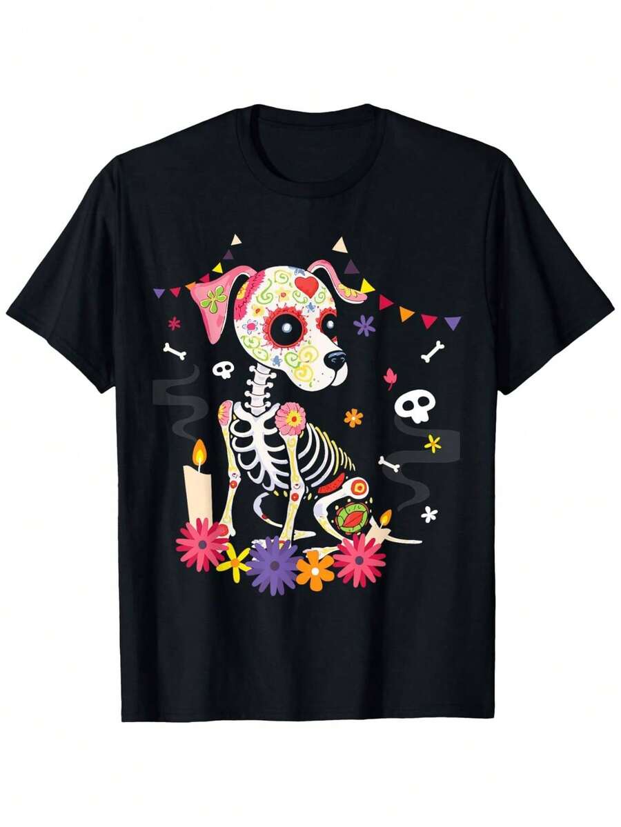 Mexican Day Of The Dead T-Shirt, Sugar Skull With Dog Flowers, Breathable And Comfortable, For Sports And Leisure, Round Neck, Black, Size S, The Dog, Amulet, Funny, High Quality Fabric - 白色 - 查看 1