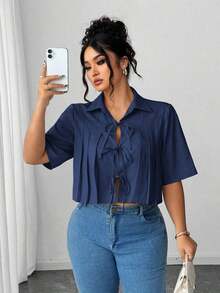 Blusa elegante corta con pliegues y lazo delantero para mujer - Azul 2 - Ver 1