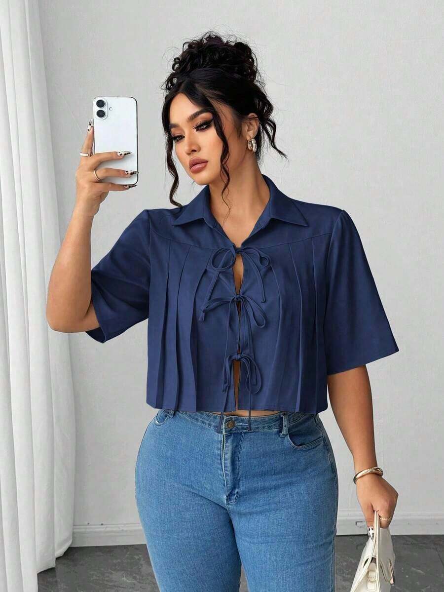 Blusa elegante corta con pliegues y lazo delantero para mujer - Azul 2 - Ver 1