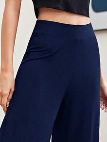 Pantalones casuales de mujer de cintura alta, sueltos, de unicolor y de pierna ancha - Azul marino - Ver 5