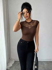 de mujer con cuello redondo, elegante, con parches de encaje, adecuada para uso diario, otoño/invierno y primavera/verano - Marrón - Ver 7