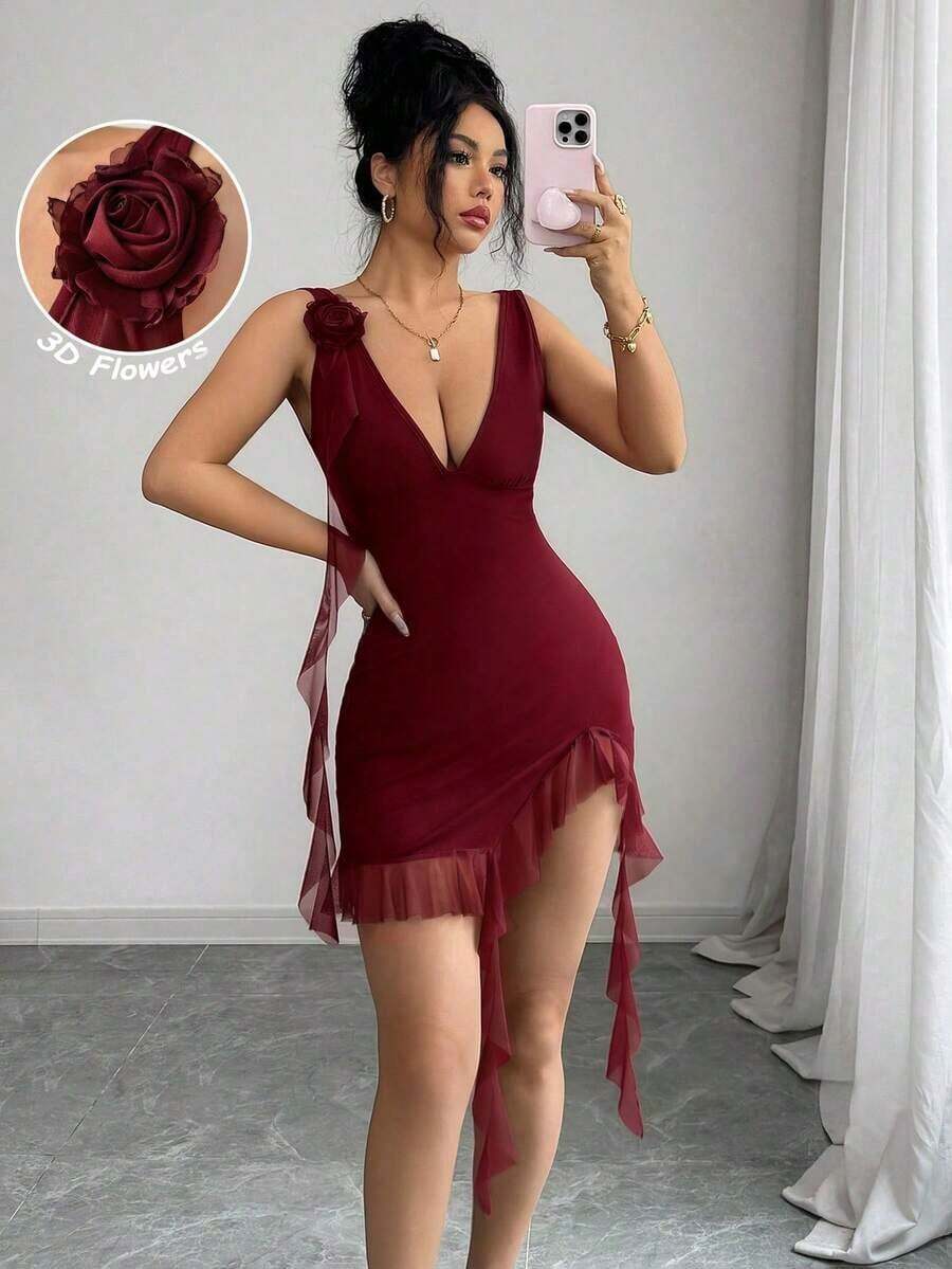 Nuevo vestido mini para mujer de primavera/verano, de malla con parches, de punto elástico 3D con flores, de unicolor, ajustado, con escote en V profundo, busto fruncido, cintura ceñida, abertura alta en el muslo, volante asimétrico, espalda des - Burdeos - Ver 1