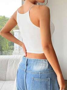 Top Corto Ajustado Y Sin Mangas En Color Sólido Para Mujer Con Cuello Halter - Blanco 2 - Ver 2