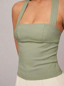 1 Top corto de unicolor con volantes para mujer, camiseta sin mangas ajustada de cuello halter de moda para oficina y transporte, color amarillo mantequilla - verde menta - Ver 4