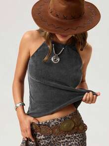 Top sin mangas de verano casual con estampado de rayas y cuello halter para mujer - Negro - Ver 3
