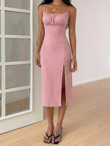 Vestido midi de leopardo con abertura lateral y tirantes - Rosa vieja - Ver 4