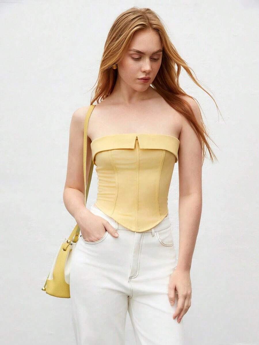 Camiseta de tirantes con detalle de pliegue para mujer, apta para uso urbano y casual de negocios, top básico adecuado para Navidad, Halloween, fiestas y atuendo de invitada a bodas - Amarillo - Ver 1