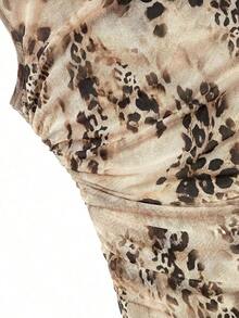 Vestido elegante de longitud media con pliegues y estampado de lunares para mujer - Amarillo - Ver 4