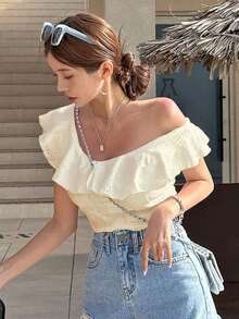Camiseta de mujer con cuello asimétrico, volantes, calado y bordado, para verano, top corto para mujer de vacaciones - Albaricoque - Ver 1