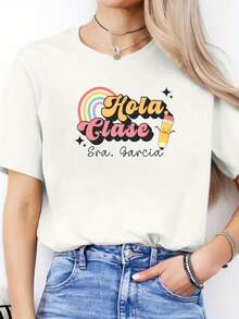 Women's Casual Sports Top, Round Neck, Short Sleeve, Spanish Letter Print, For Spring And Summer. - [白色的] - 查看 1