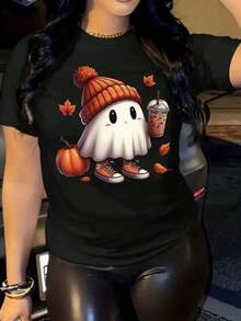 New 2026 Camiseta de Halloween para Mujer - Adorable Diseño de Calabaza y Fantasma Sonriente - Suave Cuello Redondo, Manga Corta, Ideal para Fiestas de Otoño y Uso Diario - Tejido Cómodo para Todas las Estaciones - Camiseta Gráfica con Estampado de Calabaza y Hojas de Otoño, Silueta Negra Moderna con Mangas Raglan - Perfecta para la Moda de Halloween y Salidas Casuales Camiseta femenina casual con estampado otoñal diseño holgado cuello redondo manga corta para otoño y actividades diarias - Negro - Ver 6