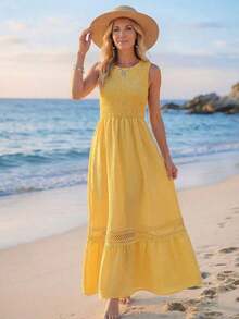 Vestido largo de encaje y parches casual para mujer, vestido de verano largo para mujer, ropa de verano, vestido de playa, atuendos de playa para mujer, vestidos casuales para mujer, vestidos casuales, vestidos largos casuales, atuendos de vacacio - Amarillo - Ver 3
