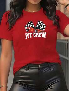 LooseGráfico de coche de carreras rojo con banderas a cuadros simboliza la pasión por la velocidad y la fuerza del equipo pit crew camisetas de mujer 100% algodón cómoda y moderna para uso diarioBasic Crew Neck Cotton T-shirt for Women - Rojo - Ver 1