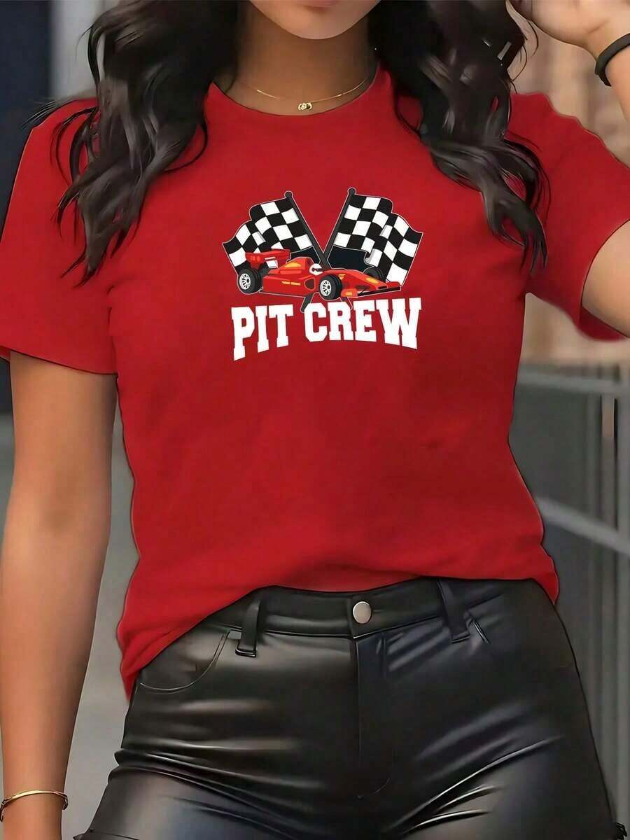 LooseGráfico de coche de carreras rojo con banderas a cuadros simboliza la pasión por la velocidad y la fuerza del equipo pit crew camisetas de mujer 100% algodón cómoda y moderna para uso diarioBasic Crew Neck Cotton T-shirt for Women - Rojo - Ver 1