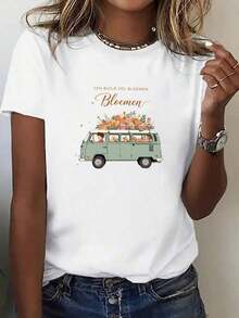 Una camiseta con un estampado plano 2D, linda y divertida, que presenta un diseño de autobús vintage adornado con flores.El cómodo y casual diseño de cuello redondo presenta un estilo callejero europeo y americano moderno, con un diseño plano 2D.blusas para dama casuales último estilo blusas para mujer>basico Artículo muy vendido Estilo informal ZAKL - Blanco - Ver 1