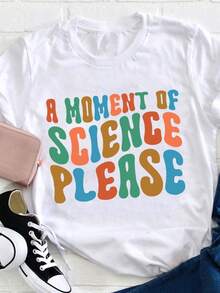 Fun Science T-Shirt For Women - "A Moment Of Science, Please" Colorful Letters And Lab Graphics, Loose And Comfortable T-Shirt For Scientists, Teachers - Science Gifts, Casual Wear (White Base With Multicolor Print) - White - View 6