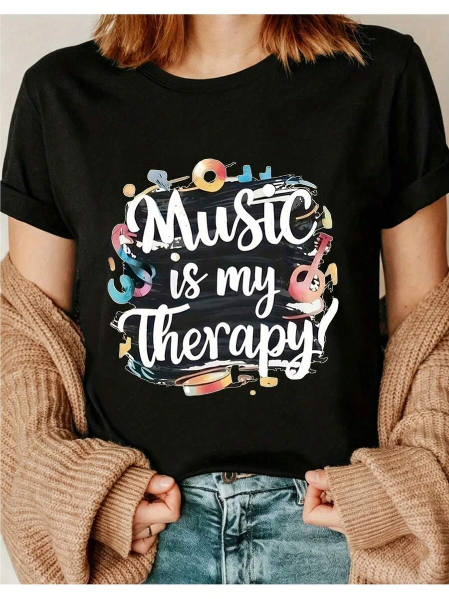 Camiseta de manga corta casual para mujer, edición limitada, primavera/verano, 88I01, cuello redondo, adecuada para todas las estaciones, casual y versátil, de algodón ligero. - Negro - Ver 1