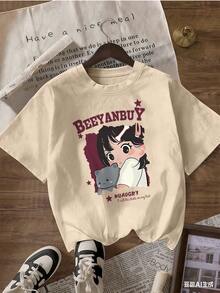 Anime Girl And Gray Kitten T-Shirt, Fashionable Short-Sleeve T-Shirt For Spring/Summer 2026, Made In Mexico, 180 Grams. Cartoon Print, Couple Design, Suitable For Indoor Or Outdoor Wear. Crew Neck, Unisex, Ideal For Office And Leisure. One-Pack. - APR-P631577SLNDXZGY570 - 查看 3
