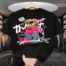 Camiseta informal de  de algodón con cuello redondo y manga corta, con estampado gráfico de un oso, corte regular, ideal para el verano. - Negro - Ver 1