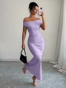 Women's Fitted Party Dress With Off-The-Shoulder Design And Elegant Metallic Details - 軍綠色 - 查看 8