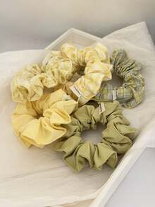 1個/4個裝 格紋休閒聚酯纖維 (Polyester) 活力女孩大號黃色緞面格紋大腸髮圈，適用於髮髻與低馬尾，春季/夏季 - 彩色 - 查看 2