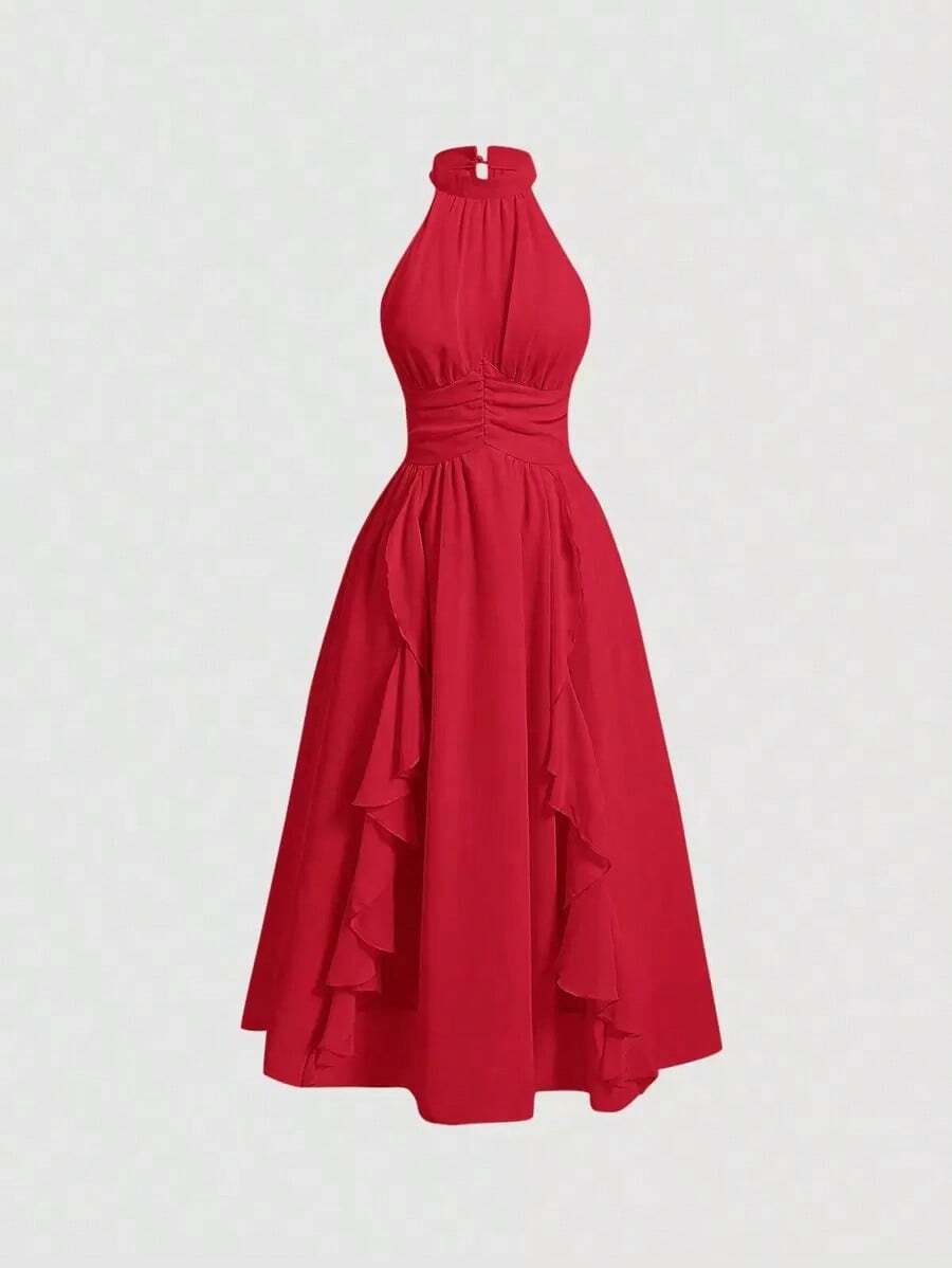 MOD Vestido elegante de cuello halter con pliegues y ribete de volantes para mujer - Rojo - Ver 1
