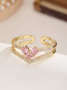 Nhẫn hình trái tim và bướm màu hồng mạ vàng 18K dễ thương, đính đá Cubic Zirconia, nhẫn hở có thể điều chỉnh kích thước, trang sức ngọt ngào và lãng mạn dành cho nữ. - Nhiều màu - Xem 17