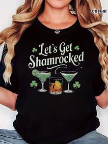 1 Women's T-Shirt With Four Leaf Clover Print And "Let's Get Shamroed" Carnival Pattern For St. Patrick's Day, Casual Short Sleeve Crew Neck T-Shirt For Spring/Summer, Everyday Casual Wear, Holiday Gift, St. Patrick's Day Clothing, 180g 100% Cotton. - 黑色 - 查看 1