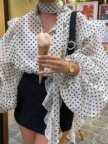 Blusa casual y sexy con estampado de corazón, contraste de color, botones delanteros y volantes/flecos en el bajo para uso en casa y vacaciones - Blanco 2 - Ver 1