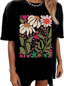 Camisetas de mujer de talla grande, estampado floral, camisetas casuales de cuello redondo, divertidas camisetas de manga corta. - Negro - Ver 1