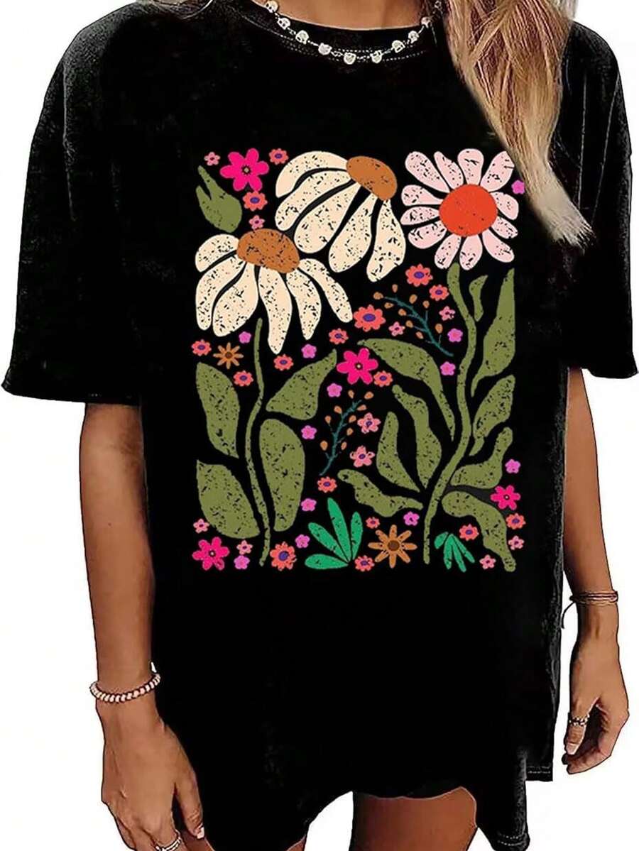 Camisetas de mujer de talla grande, estampado floral, camisetas casuales de cuello redondo, divertidas camisetas de manga corta. - Negro - Ver 1