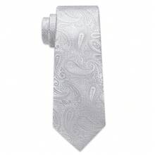 5 PIEZAS Juego de corbata de hombre con estampado de cachemira plateado - Incluye pañuelo de bolsillo, gemelos y clip de corbata dorado, corsage, corbata formal festiva para días festivos - Plateado - Ver 4