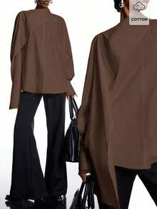 2026 Nueva camisa de manga larga de unicolor de estilo callejero minimalista para mujer, primavera/verano, negro - Café integral - Ver 7