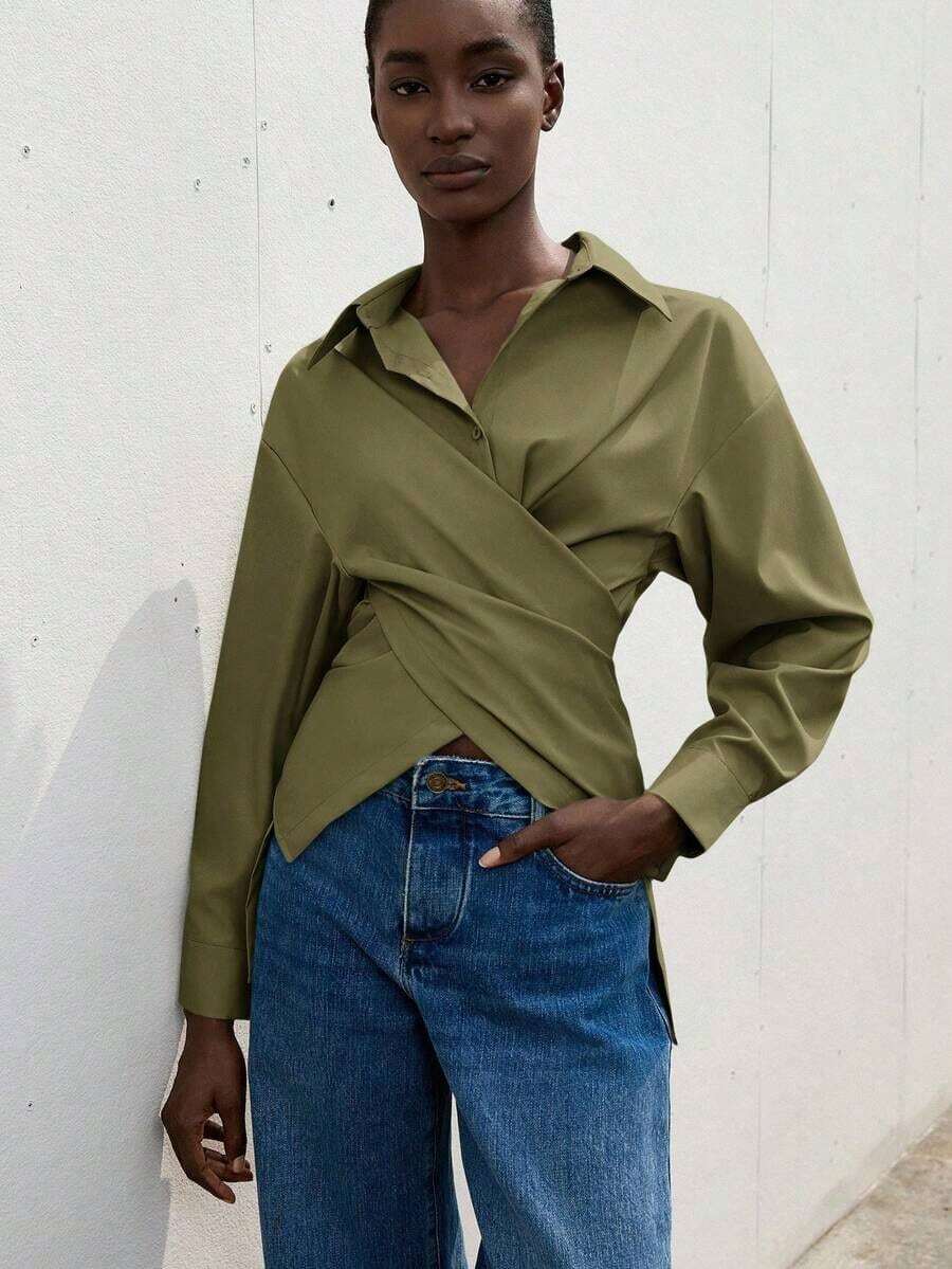 Aveloria Zanirela Camisa de trabajo con frente cruzado y envolvente sólido - Mostaza Amarilla - Ver 1