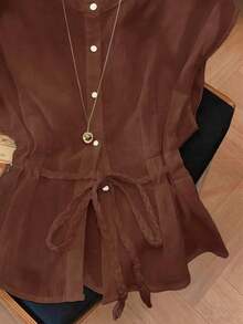 Blusa sin mangas de cuello redondo blanca con cordón en la cintura, diseño elegante, adecuada para el Día de San Valentín, Pascua, Día del Trabajo, cumpleaños, citas, fiestas, ocasiones formales, atuendo de maestra, viajes, primavera/verano - Café integral - Ver 3