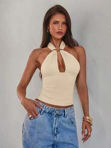 Camiseta sin espalda con cuello halter y decoración de hebilla de metal hueca sexy para mujer - Albaricoque 2 - Ver 4