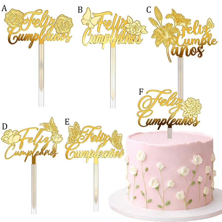 3 buah/1 buah Hiasan Kue Akrilik Emas Spanyol "Feliz Cumpleaños", Untuk Dekorasi Kue dan Makanan Penutup Pesta Ulang Tahun - beraneka warna - View 1