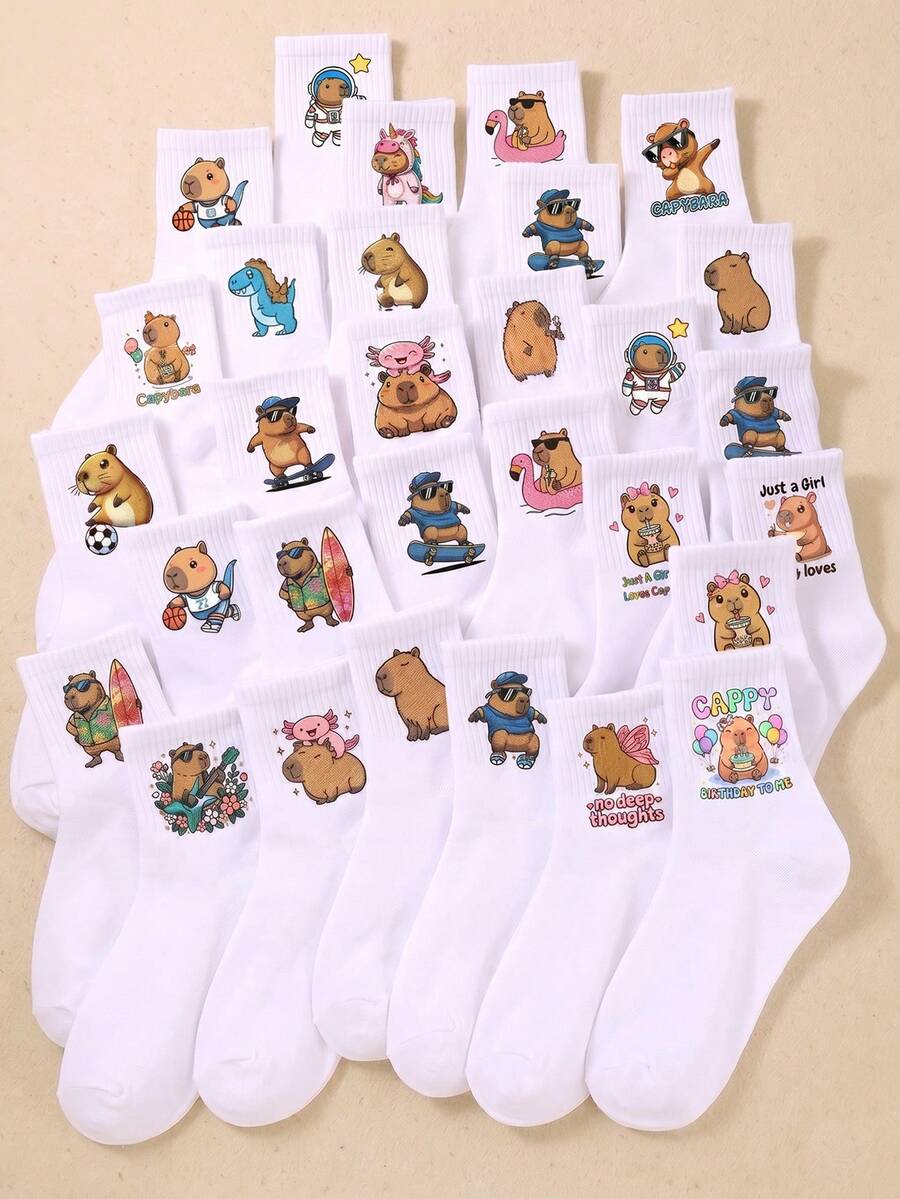20/10/5 双装儿童白色中筒袜，儿童弹力袜，儿童运动袜，儿童袜子，饰有可爱的水豚印花刺绣，适合女孩日常穿着，适合日常旅行穿着，透气、舒适、柔软，可爱的水豚袜子，生日水豚袜子，适合 1-16 岁儿童，适合所有季节，适合派对穿着 - 彩色 - 查看 1