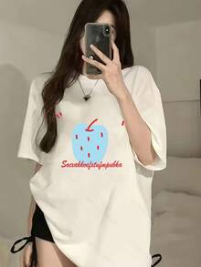 FashionNEW Women's Short Sleeve T-Shirt, 100% Thick Cotton With Cartoon Print, Casual And Flattering Korean Style, Loose Fit Crew Neck - Unisex Cotton Short Sleeve Crew Neck T-Shirt, Vintage Urban Style - 白色 - 查看 1