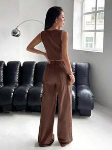 Conjunto de chaleco y pantalones de un solo botón para mujer, unicolor para otoño/invierno - Café integral - Ver 2