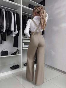 Mono de pierna ancha sin mangas de unicolor elegante para mujer, versión de verano para uso casual en la oficina, color negro - Marrón Mocha - Ver 8