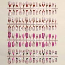 120pcs Mixed Fake Nails Set, Including Medium-Long Almond Shape, Leopard Print, Cherry Pattern, Rhinestone Decor, French Manicure, Full Coverage, Rivet Decor, Suitable For Daily Wear And Parties - Multicolor - View 6