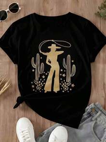 ropa de mujer Camiseta de manga corta para mujer con estampado de cactus, estrellas y lazo, estilo vaquero occidental, informal para uso diario, camisas de mujer - Negro - Ver 2