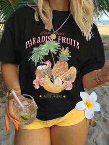 Nueva Colección Primavera/Verano: Camiseta de Mujer de Manga Corta con Estampado de Frutas Tropicales, Cuello Redondo, Casual, Cómoda, a la Moda y Estilizadora, 100% Algodón - Negro - Ver 5